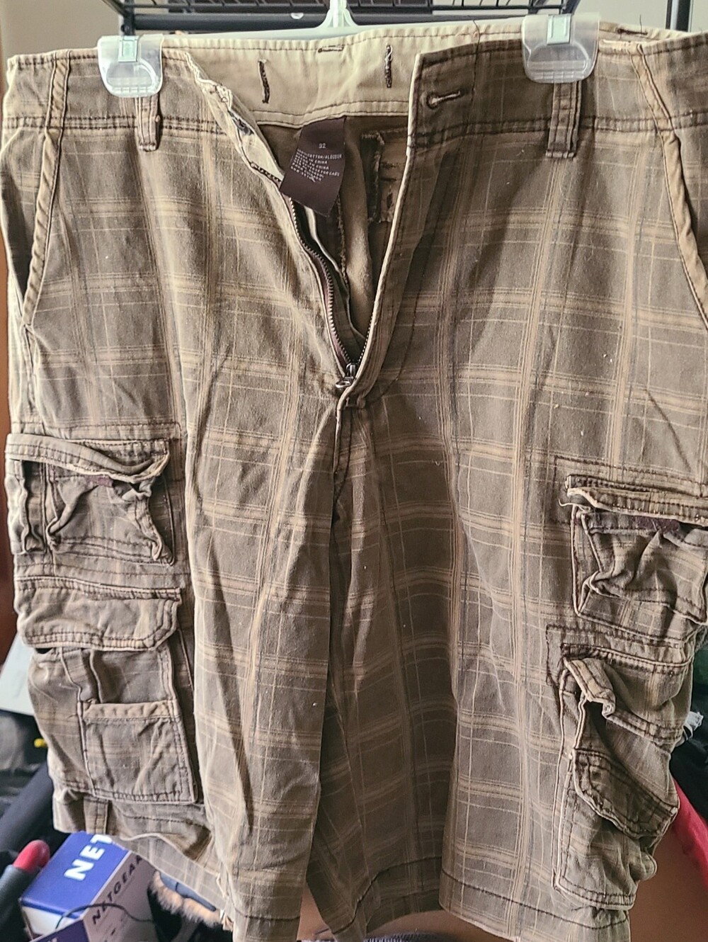Y2K Men's Cargo Shorts in Brown Plaid - Casual Utility Style